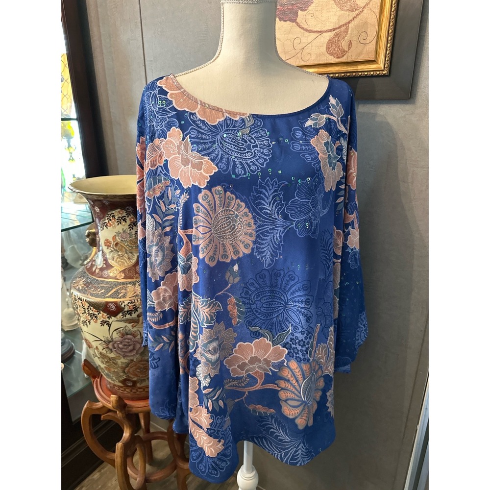 Bob Mackie Wearable Art Blue Floral Sequin Tunic Top 3X Poncho Sleeve Blouse